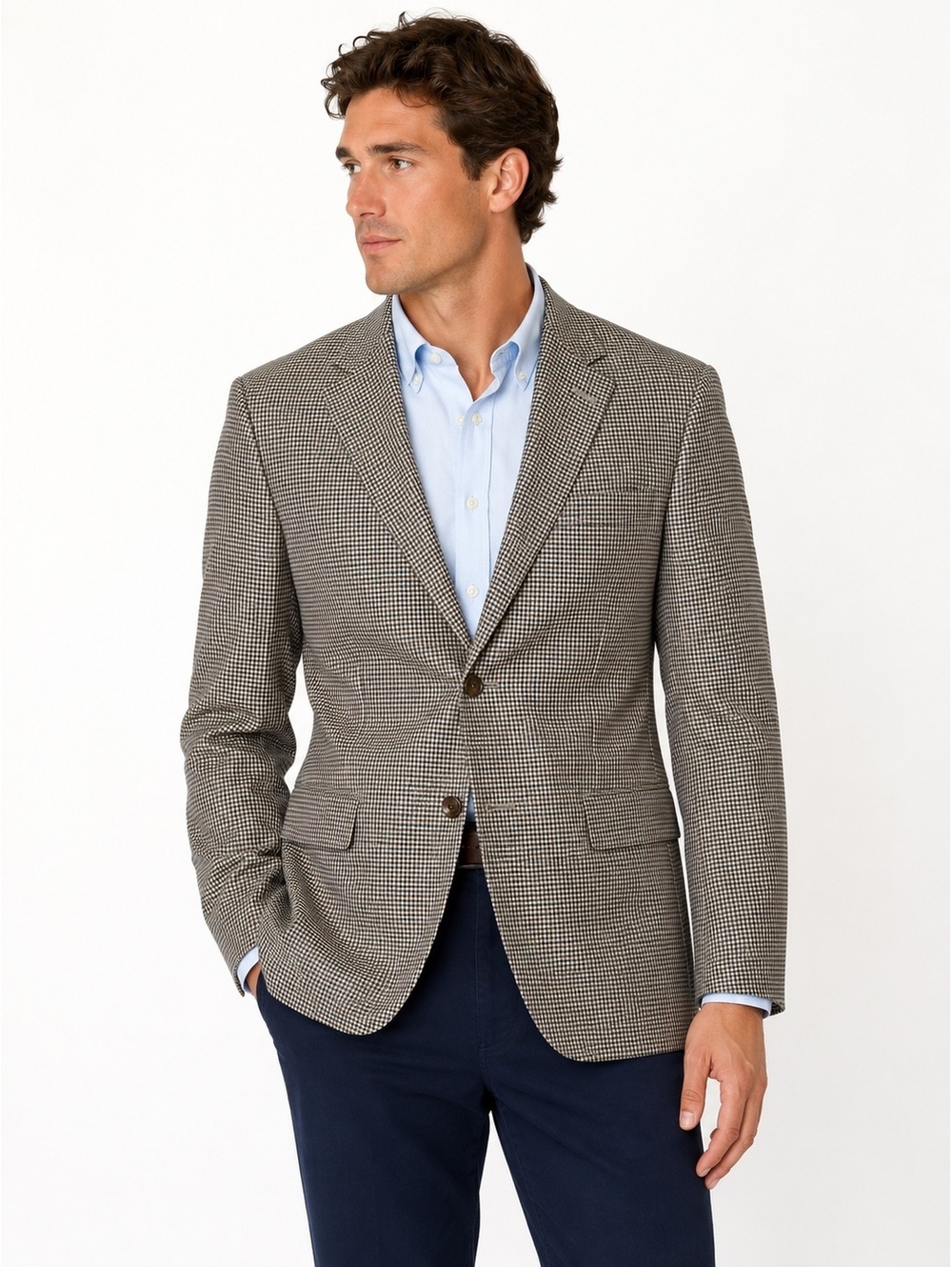 Austin Reed Mens 40L Plaid Houndstooth Blazer Jacket USA Blue Tan Tweed 2 Button